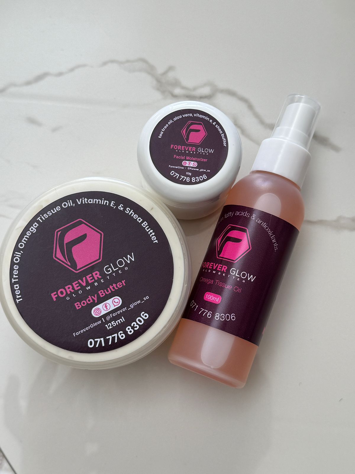 Forever Glow Complete Collection bundle — Facial Moisturizer, Body Butter, and Omega Tissue Oil